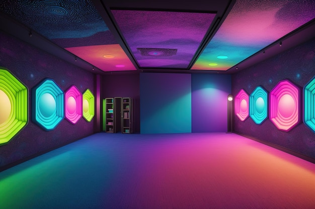 Une pièce avec des néons et un sol violet avec une rangée d'hexagones dessus.