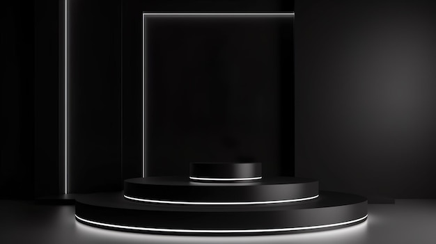 Une pièce noire avec un cercle comme podium cosmétique avec des lumières dessus et un objet rond au milieu