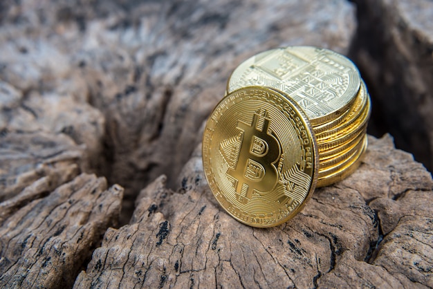 Pièce d&#39;or bitcoin sur et l&#39;argent sur la table en bois.