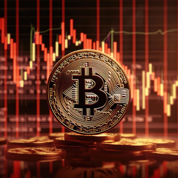 Pièce d'or Bitcoin et arrière-plan graphique défocalisé Concept de crypto-monnaie virtuelle Generative Ai