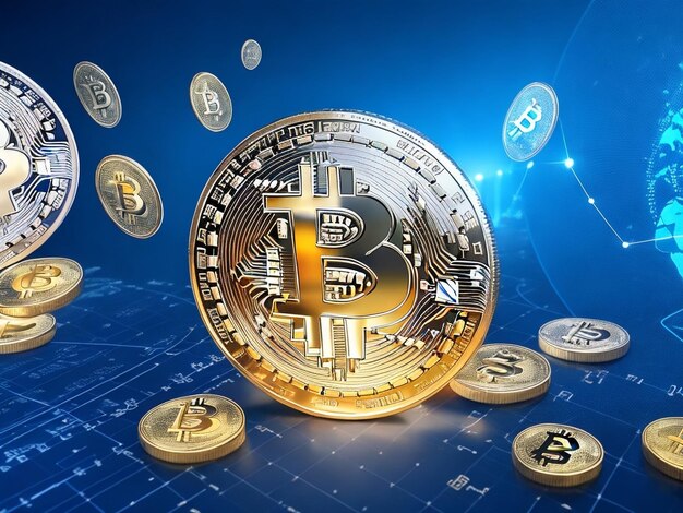 Photo pièce d'or bitcoin crypto-monnaie avec circuit numérique