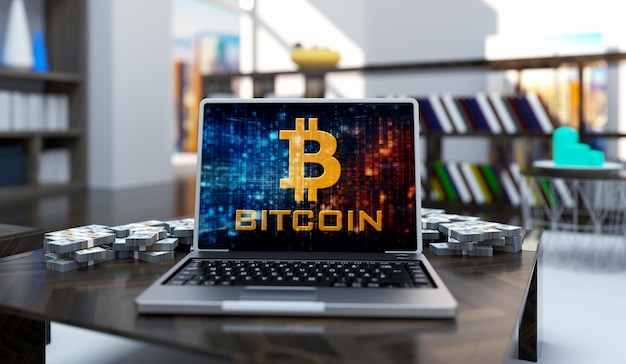 Pièce d'or bitcoin dans un ordinateur portable sur fond de salle de bureau