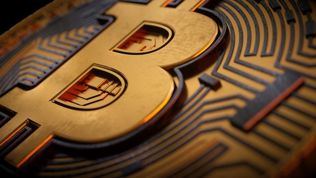 Pièce d'or Bitcoin et fond graphique défocalisé Concept de crypto-monnaie virtuelle 3d