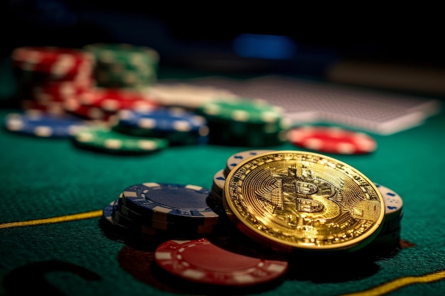 Une pièce d'or Bitcoin sur une table de poker