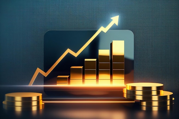 Pièce d'or et flèche avec un graphique en flèche de tendance haussière