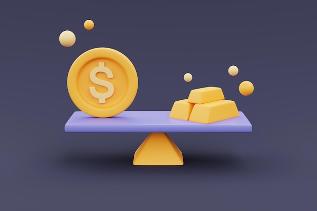 Pièce d'or avec le signe du dollar comparer les lingots d'or sur une balance Concept de finance d'entreprise ou d'échange de devisesCrypto-monnaietechnologie blockchainstyle minimalrendu 3d