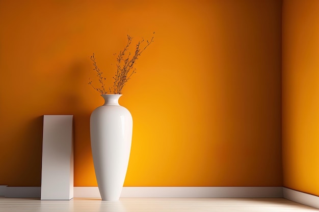 Pièce orange vide avec un vase blanc