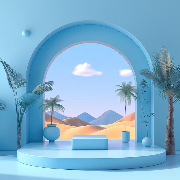 une pièce avec un palmier et un mur bleu avec une image d'une scène de plage