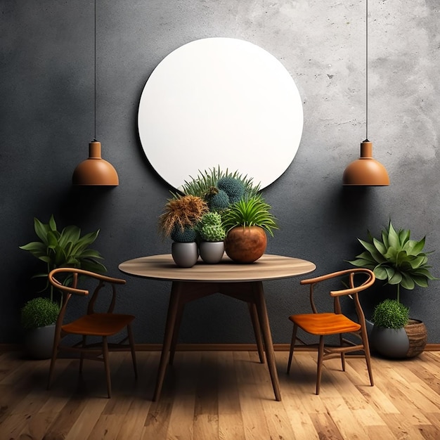 Une pièce avec un panneau blanc rond au-dessus de la table et des plantes au mur.