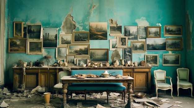 Une pièce avec des photos au mur et une table au milieu