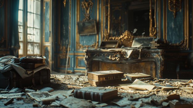 Photo une pièce avec une pile de vieux livres et un livre sur le sol