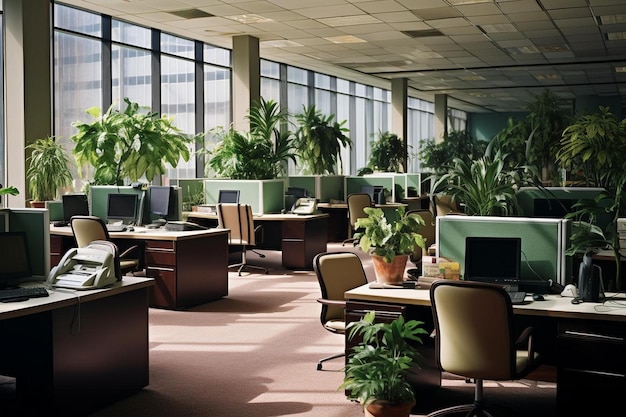 une pièce avec une plante et un ordinateur sur le bureau