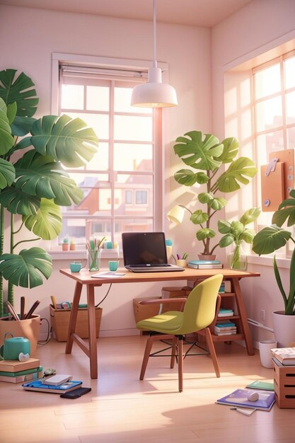 une pièce avec une plante verte et un ordinateur portable sur un bureau.