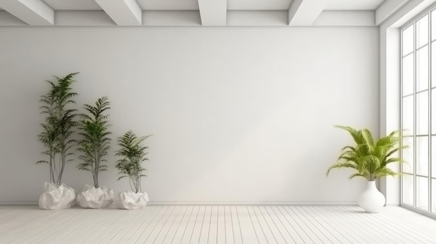Une pièce avec des plantes et un mur blanc