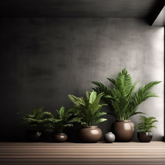 une pièce avec des plantes et un mur avec un fond noir