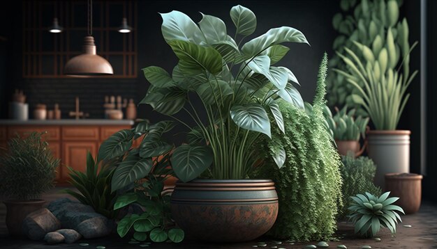 Une pièce avec des plantes et une table avec une lampe