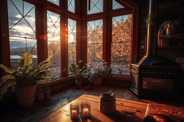 Une pièce avec un poêle à bois et une fenêtre avec le soleil se couchant derrière