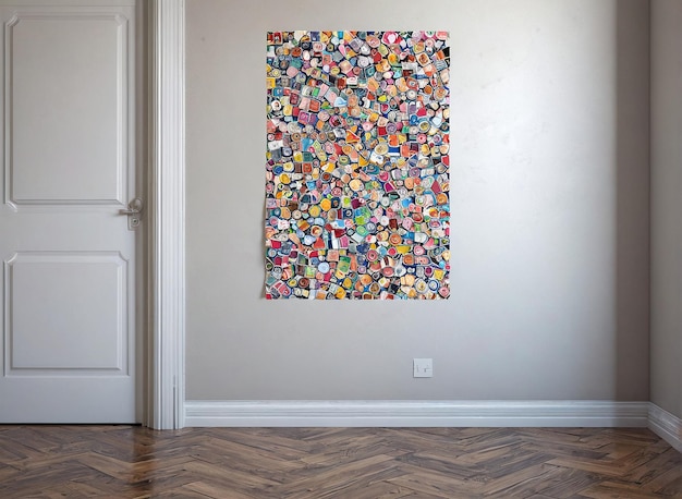 Photo une pièce avec une porte et un mur recouvert d'objets colorés