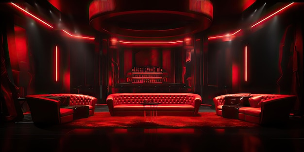 Une pièce privée générée par l'IA dans une boîte de nuit Design d'intérieur nuit noire rouge