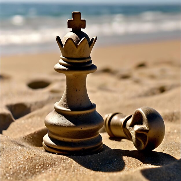 pièce de reine d'échecs sur une plage de sable générée par l'IA