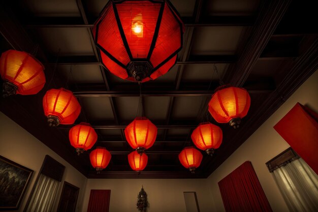 Une pièce remplie de lanternes rouges accrochées au plafond