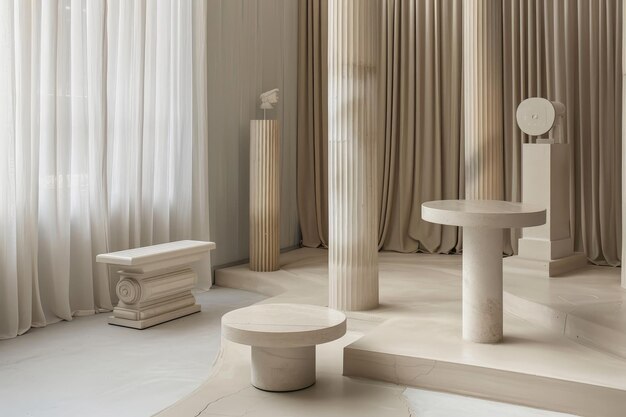 Une pièce remplie de nombreux piliers et tabourets disposés de manière organisée Interpréter le concept de forme suit la fonction dans un design contemporain inspiré des temples grecs