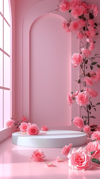 Une pièce rose avec une fenêtre ronde et des fleurs roses sur le sol et un mur rose et une fenêtre rondes