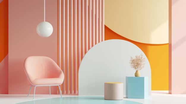 une pièce rose et jaune avec une chaise rose et une chaise rouge