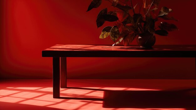 Une pièce rouge avec une table et une plante dessus