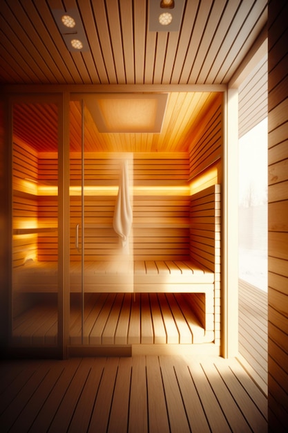 Pièce avec sauna au milieu et porte menant à une autre pièce IA générative