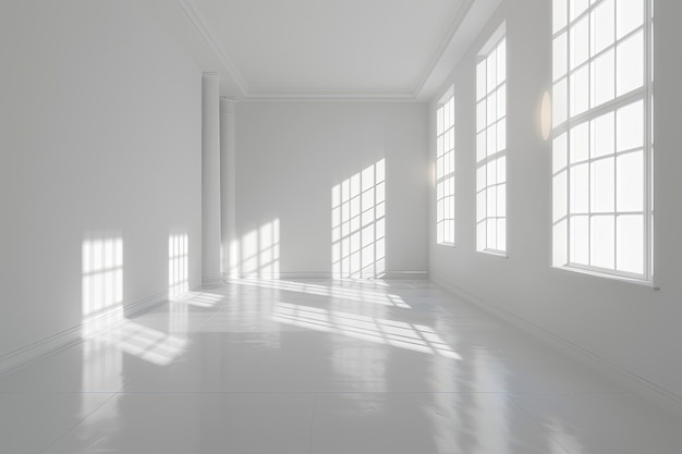 une pièce avec un sol blanc et des fenêtres avec le soleil brillant sur le sol