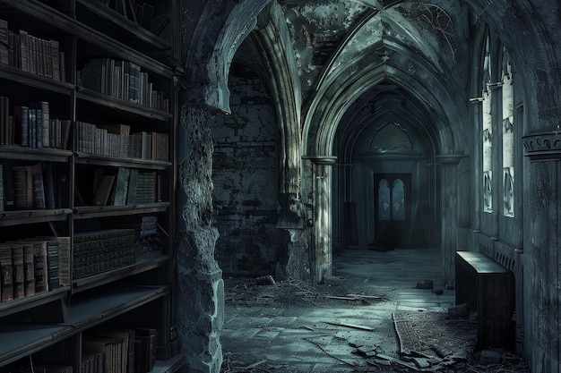 Une pièce sombre et abandonnée avec une grande bibliothèque remplie de livres.
