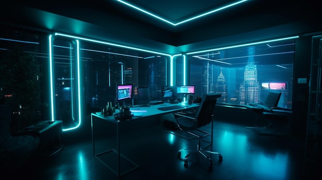 Une pièce sombre avec un bureau et un moniteur qui dit "cyberpunk" dessus