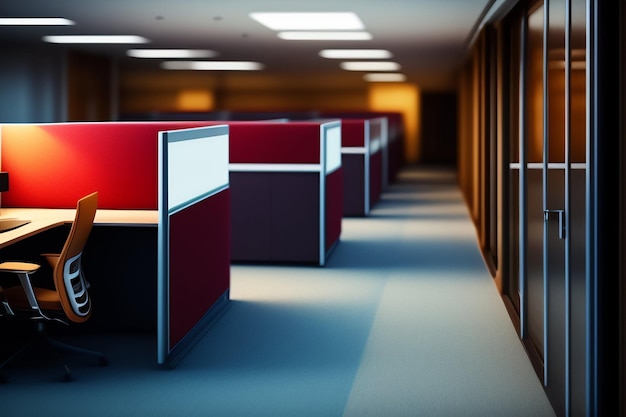 Une pièce sombre avec des cabines rouges et une table blanche avec un panneau rouge qui dit « cabines de bureau »