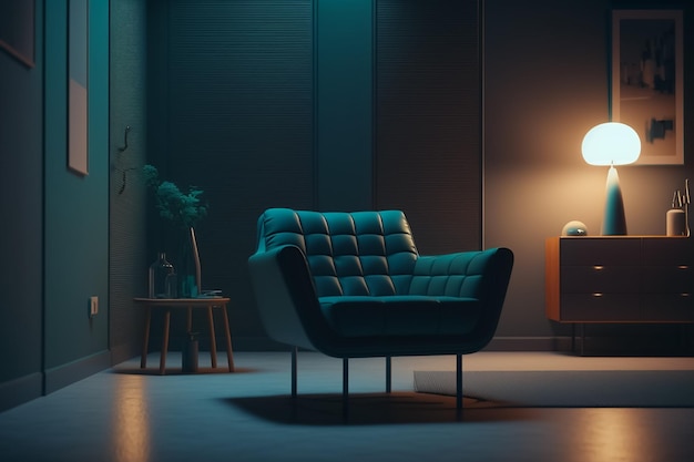 Une pièce sombre avec une chaise et une lampe qui dit "le mot maison"