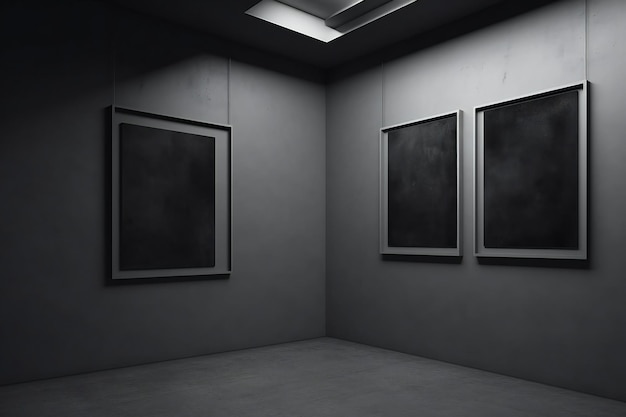 Une pièce sombre avec deux tableaux au mur et l'un d'eux dit " art ".