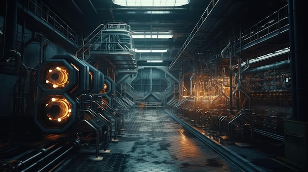 Une pièce sombre avec un ensemble de tuyaux industriels et un grand nombre de tubes avec le mot "alien" au fond.