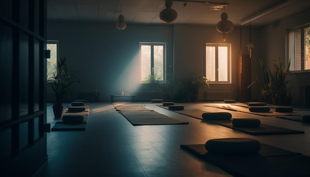 Une pièce sombre avec une fenêtre qui dit 'yoga' dessus