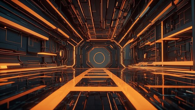 Une pièce sombre et futuriste avec des lumières orange brillantes