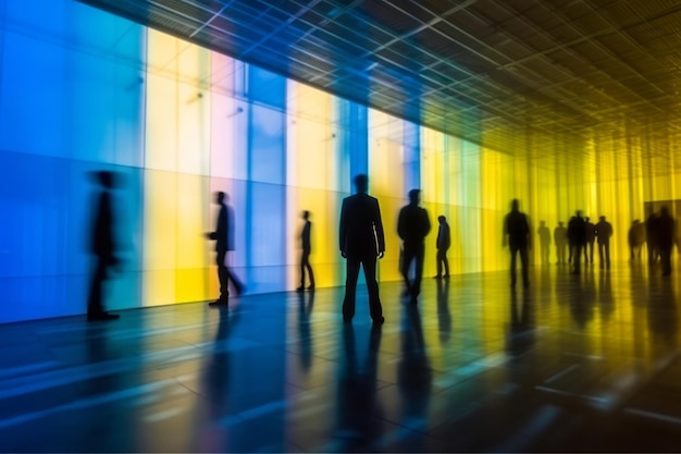 Une pièce sombre avec des gens marchant devant un mur avec des lumières colorées.