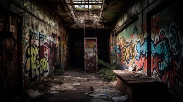 Une pièce sombre avec des graffitis sur les murs et une table avec une table avec un livre dessus.