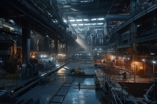 Une pièce sombre avec une grande zone industrielle avec une grande zone industrielle et un grand nombre de machines au sol.