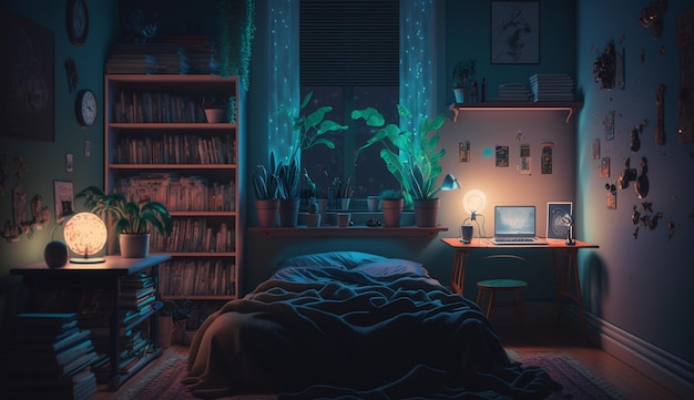 Une pièce sombre avec un lit, un bureau, une bibliothèque et une lampe.