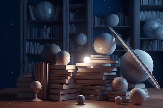 Une pièce sombre avec des livres et des planètes sur la table.