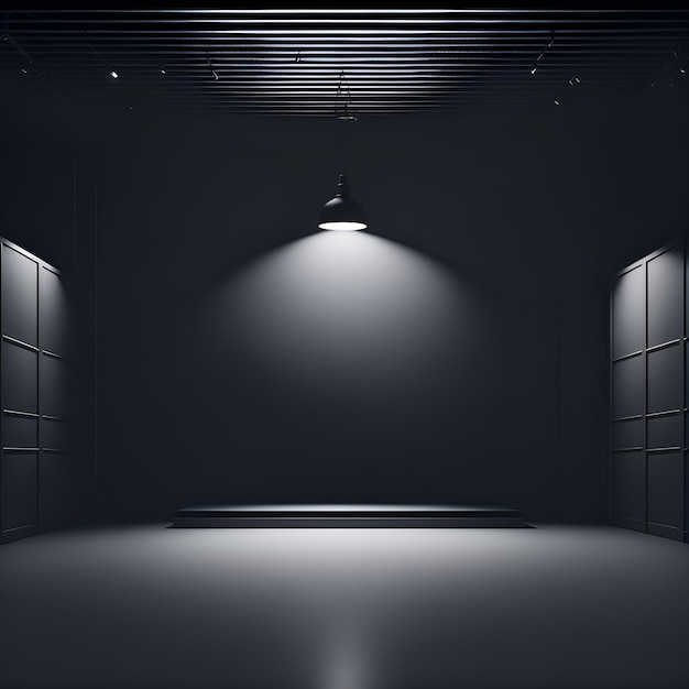 Une pièce sombre avec une lumière au mur et une lumière au plafond.