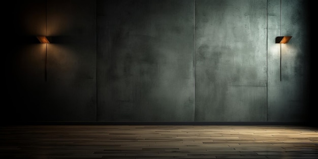 une pièce sombre avec une lumière au mur et un parquet en bois.