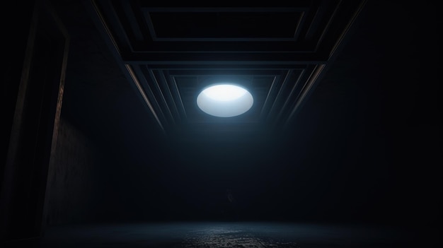 Une pièce sombre avec une lumière au plafond et une lumière au plafond.