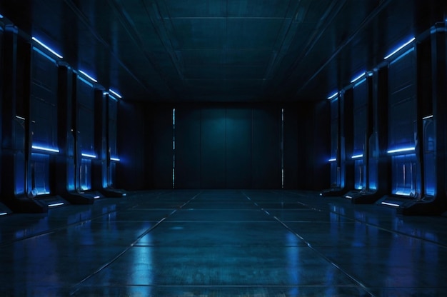 une pièce sombre avec une lumière bleue au bas du mur