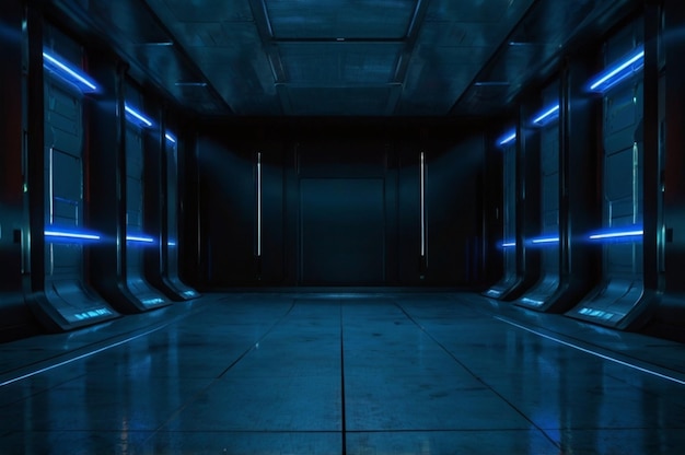 une pièce sombre avec une lumière bleue sur le mur et une lumière bleu sur le côté droit