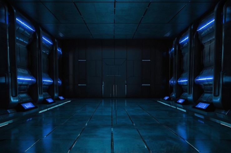 Photo une pièce sombre avec une lumière bleue sur le sol et une lumière bleu sur la droite